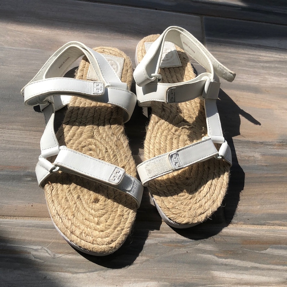 White oatmeal espadrille bottoms Velcro adjust